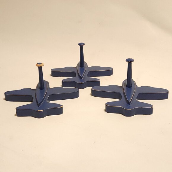 FUN Pottery Barn Blue Airplane Shape Child Coat Hat Wall Decor Hanging Wood Hook - Picture 3 of 5